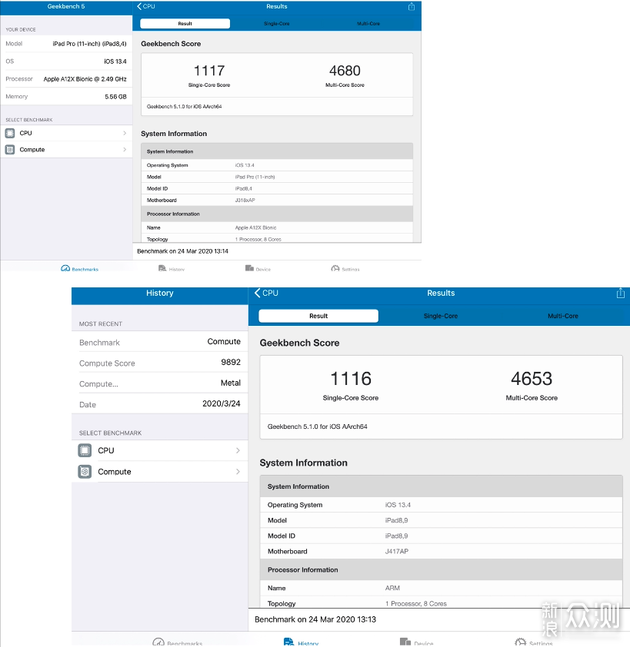 两代iPad Pro的CPU跑分，基本是一样的，下图为新iPad Pro